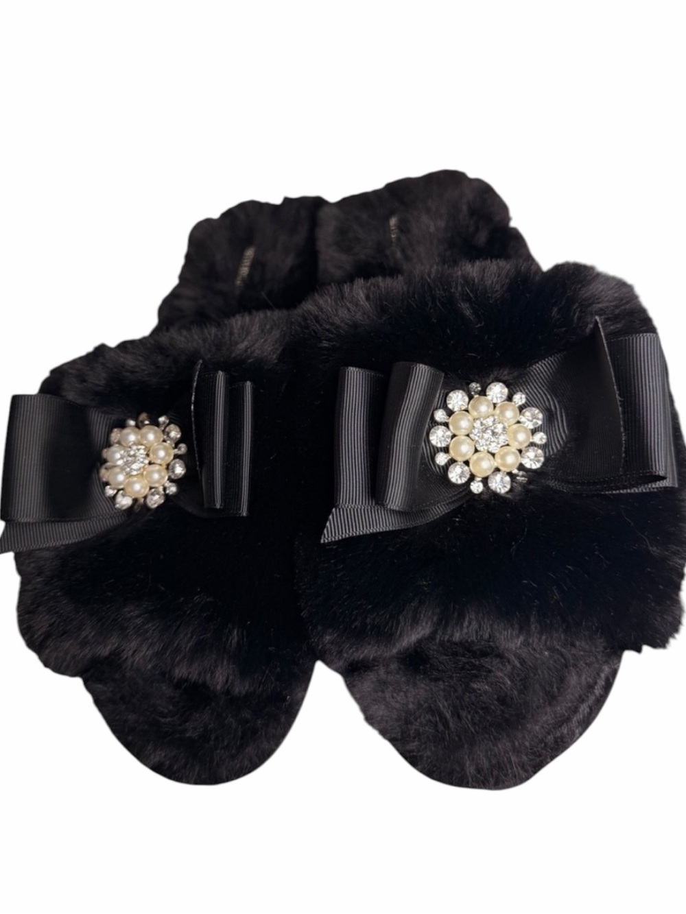 Pretty You London Anya Black Faux Fur Pearl Bow Slippers M 6.5-7.5